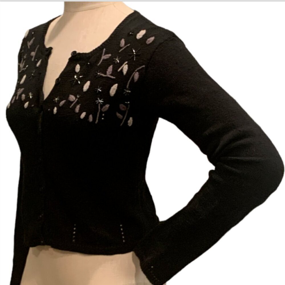 Vintage Black‎ Beaded Embroidered Cardigan Sz S by Wrapper  #87B